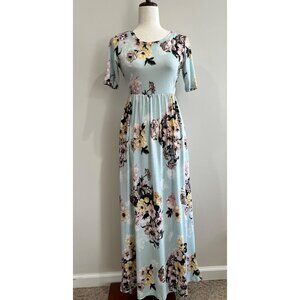 Celeste Maxi Dress Womens S Baby Blue Pink Floral Short Sleeve Stetch